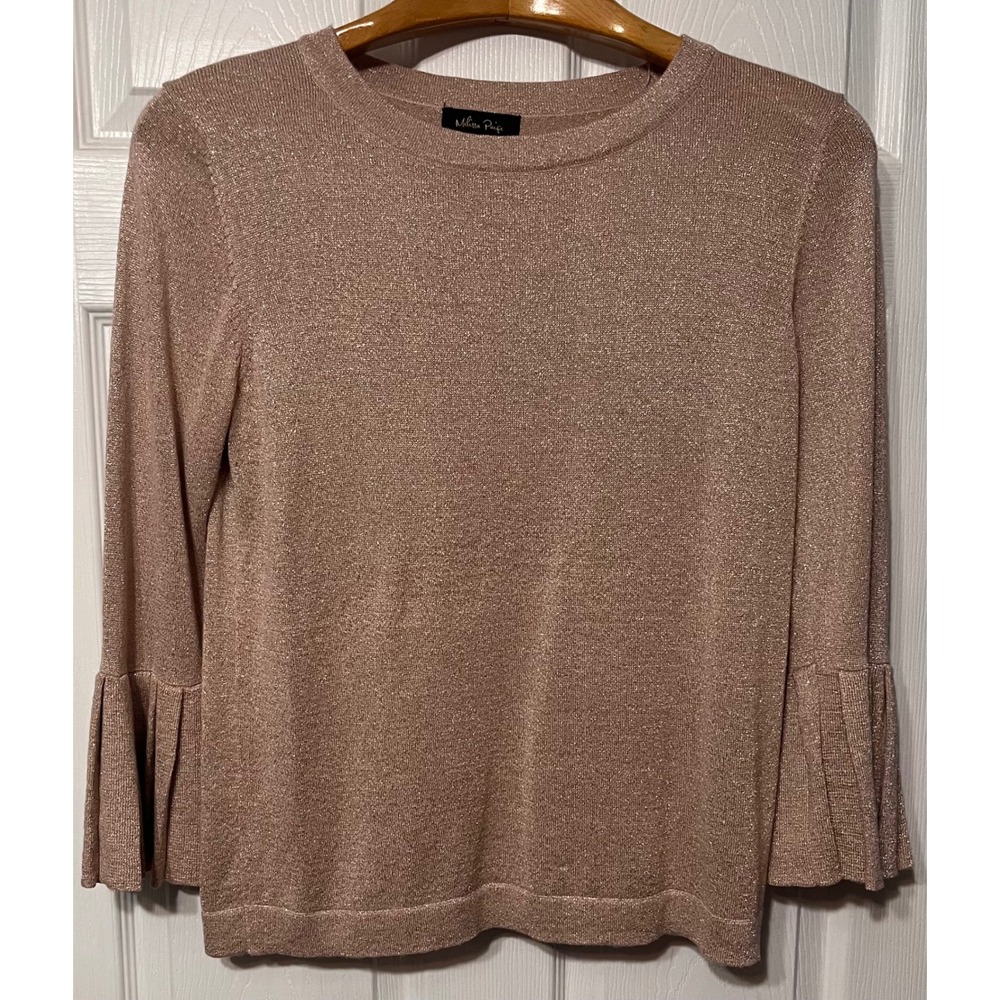 Melissa Paige Womens Rose Gold Metallic Knit Top Pleated Bell‎ Sleeve Size M